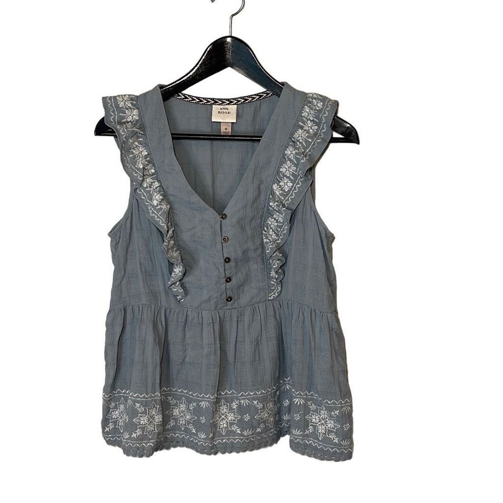 Knox Rose Womens Ruffled Blouse Top Sleeveless Embroidered Lined Blue Medium